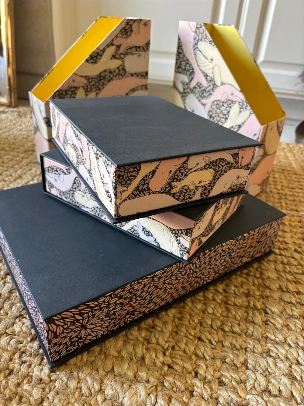 Adorable vintage whale print IKEA desk organizers and boxes